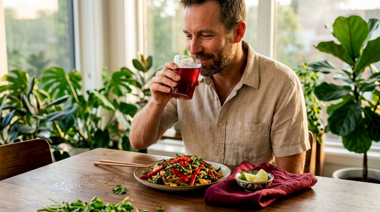 Man drinking kombucha with spicy dinner