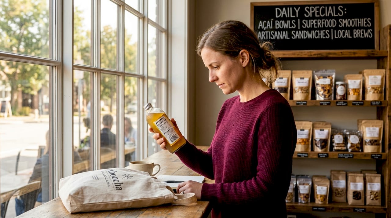 Shopper reading tropical drink label in store