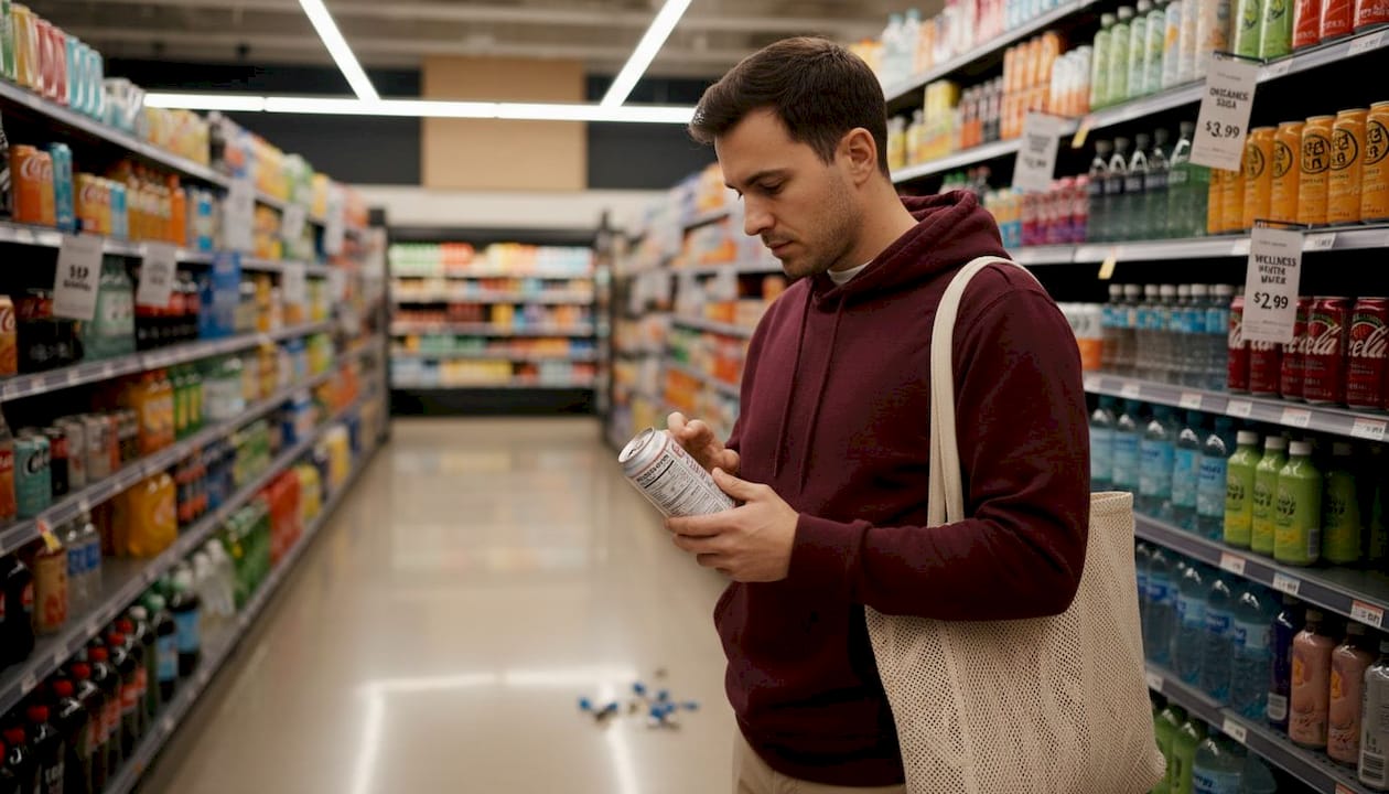 Man reading soda nutrition label at store shelf