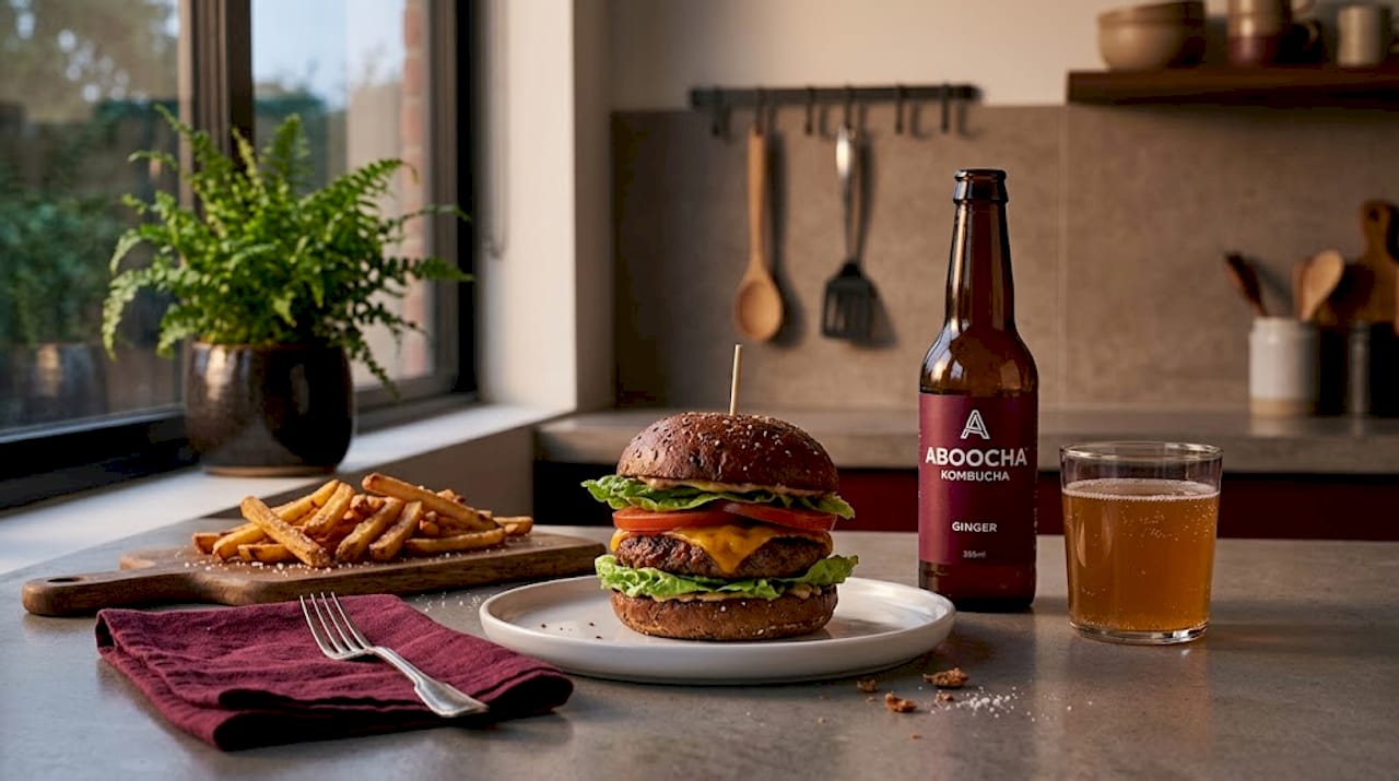 Spicy burger and ginger kombucha on table