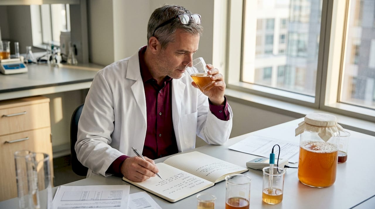 Scientist analyzing kombucha acid levels in lab