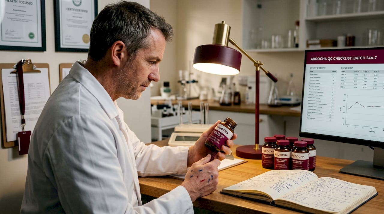 Lab worker inspects probiotic supplement bottle