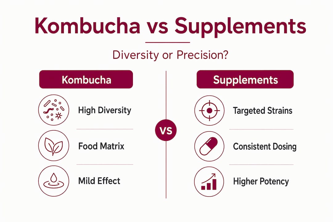 Infographic comparing kombucha and supplements features