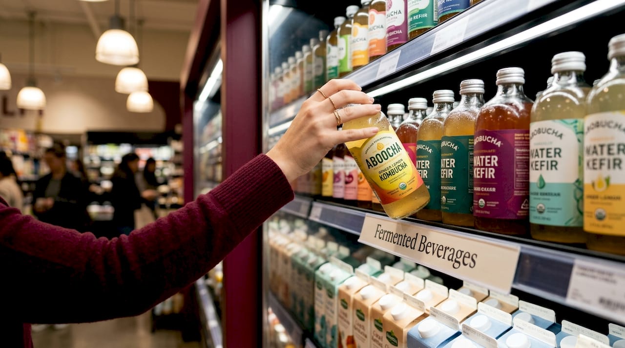 Store shelf with sparkling fermented drinks