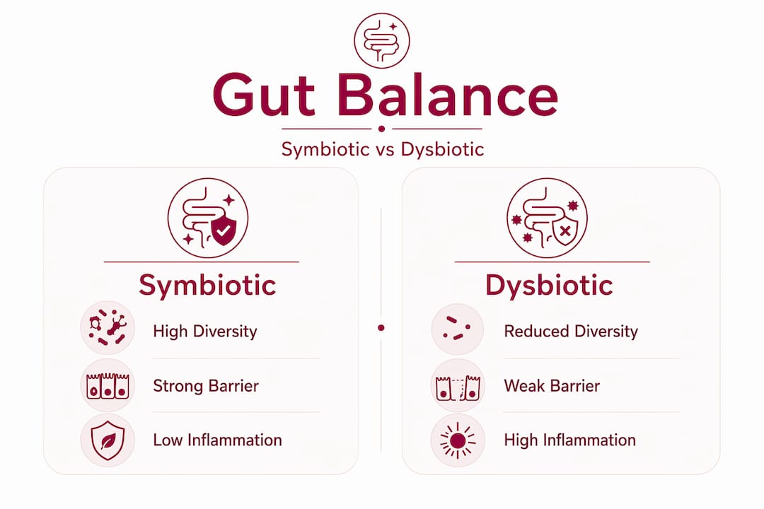 Infographic comparing symbiotic and dysbiotic gut features