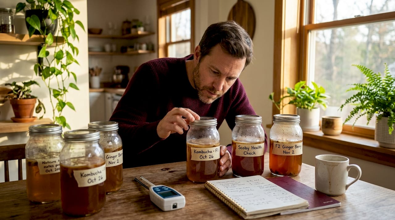 Inspecting kombucha jars and fermentation notes