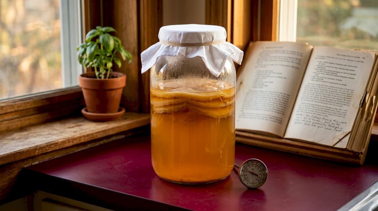 Close-up of kombucha fermentation jar with SCOBY