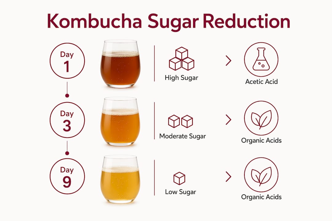 Infographic illustrating kombucha sugar reduction stages