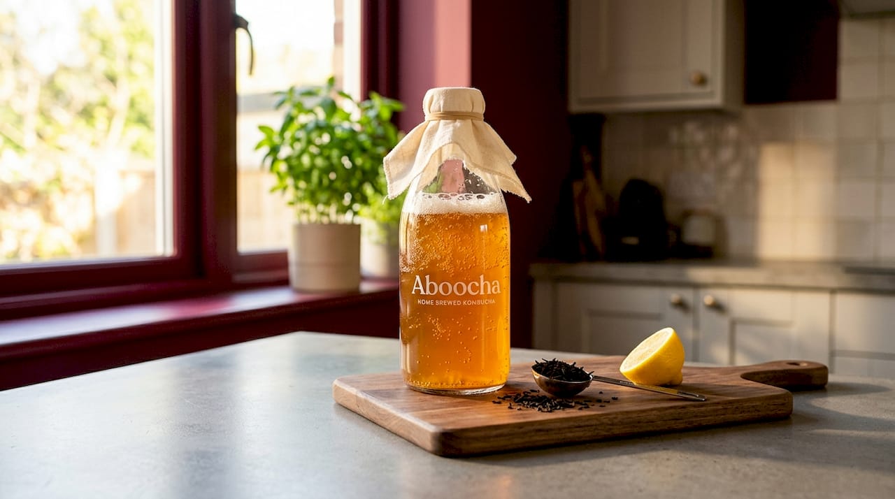Close-up of kombucha bottle with fermentation details