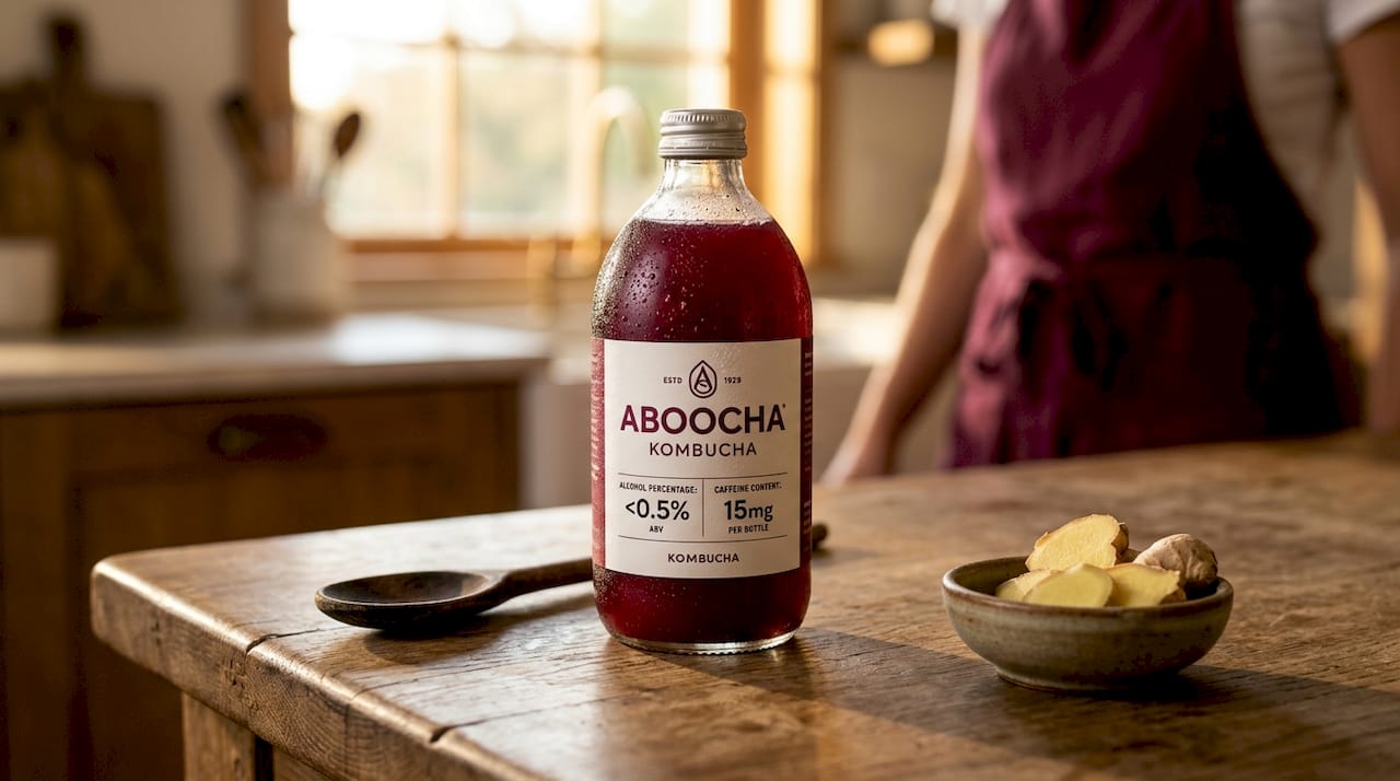Close-up of kombucha bottle label with details