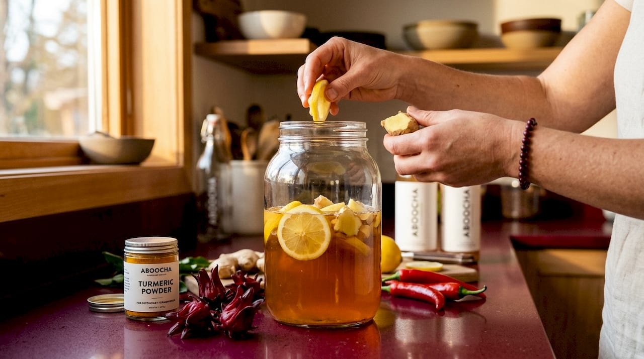 Hands adding ingredients to kombucha bottle