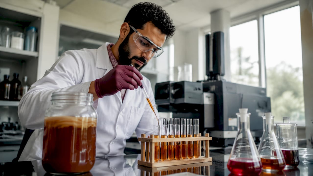 Lab technician testing kombucha alcohol content