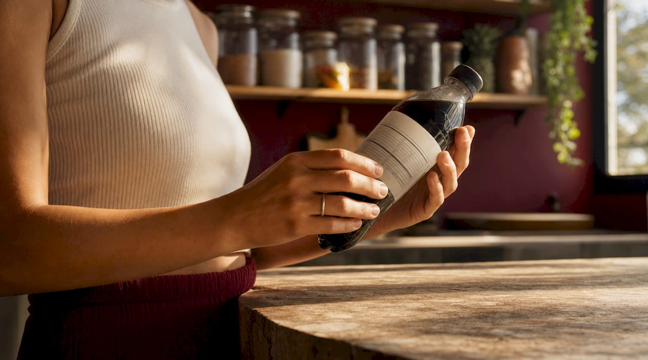Hands inspecting added sugar section on label
