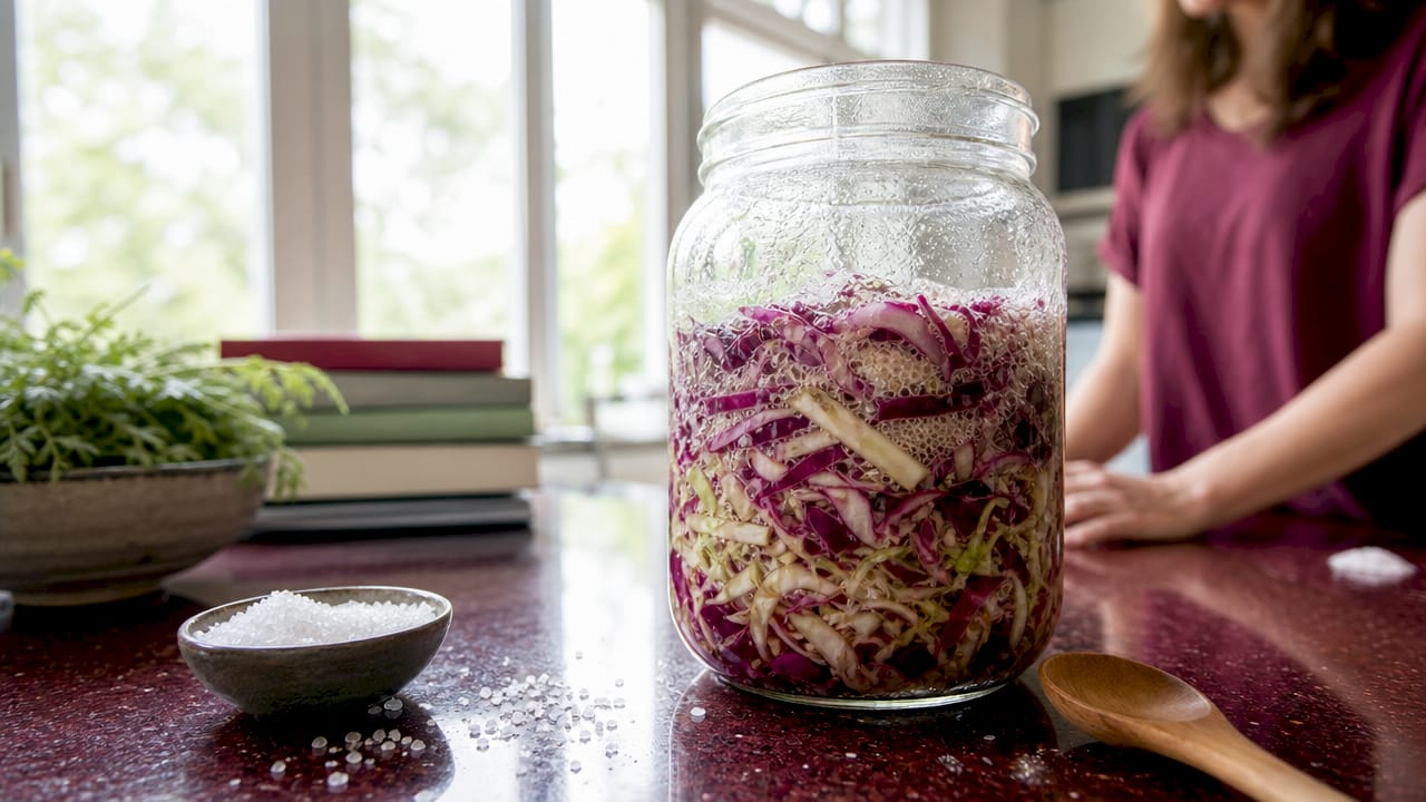 Close-up of sauerkraut fermenting in glass jar