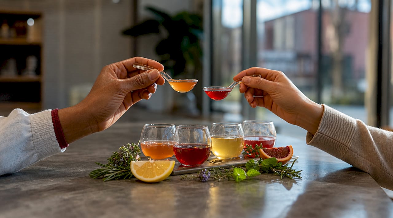 Close-up hands with kombucha bottles and tasting spoon