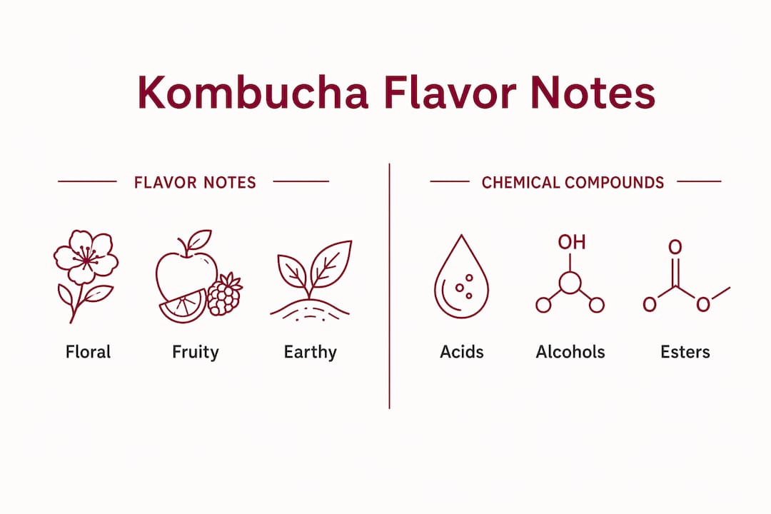 Infographic displaying kombucha flavor categories and compounds