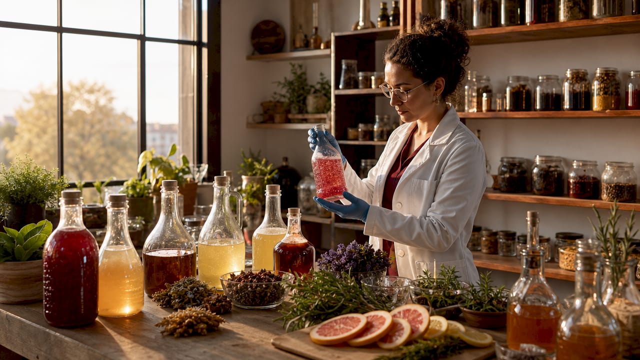 Scientist holding flask of fermented soda with bubbles