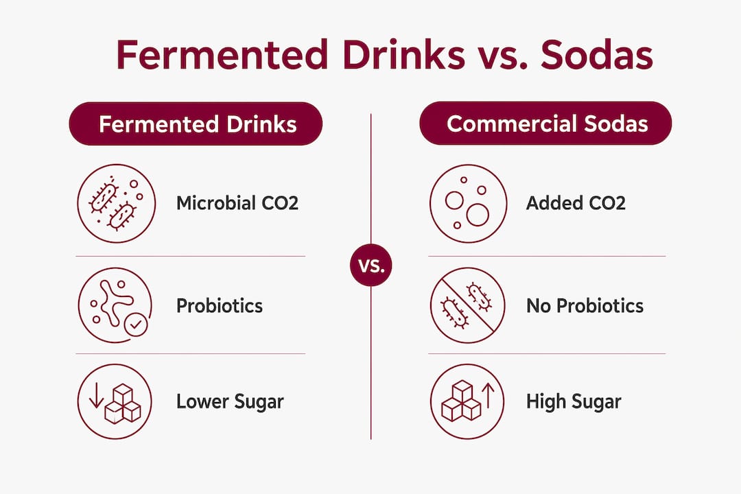 Infographic comparing fermented drinks and commercial sodas