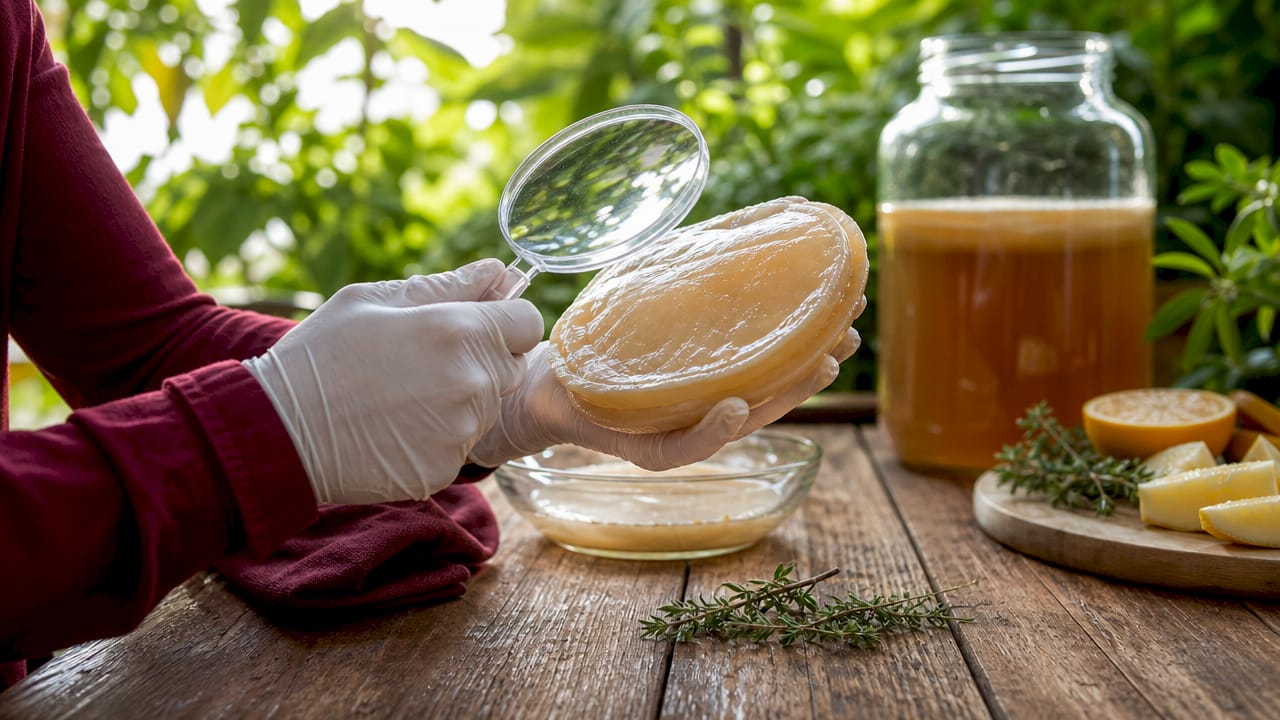 Hands inspecting fresh SCOBY with magnifier