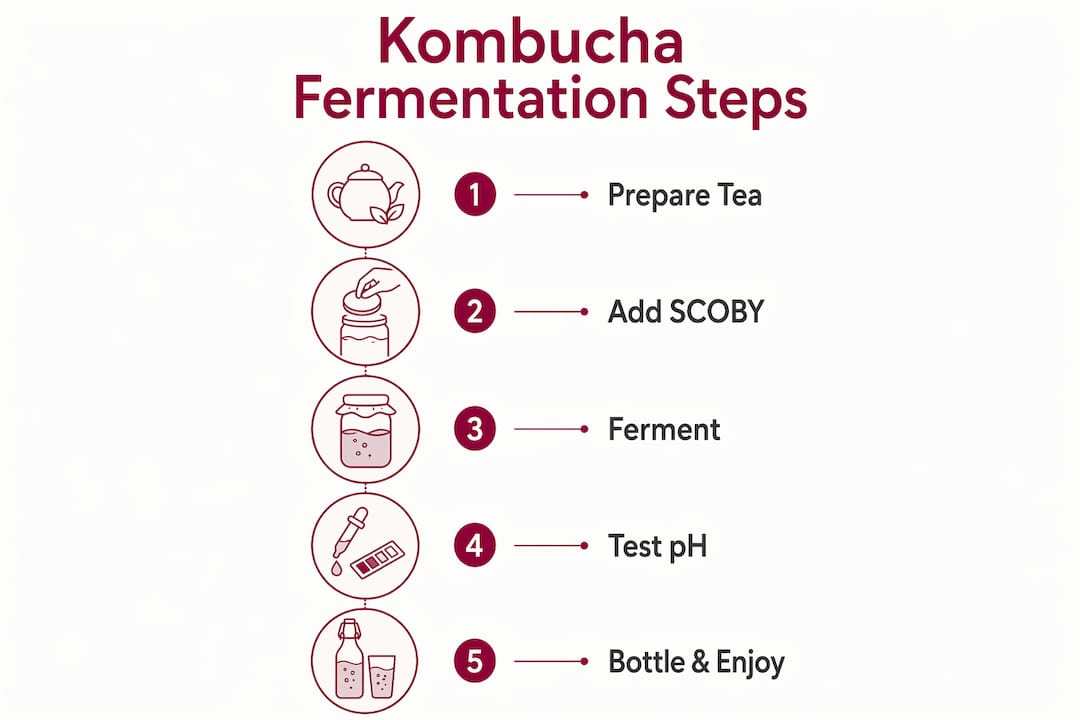 Infographic illustrating kombucha fermentation steps