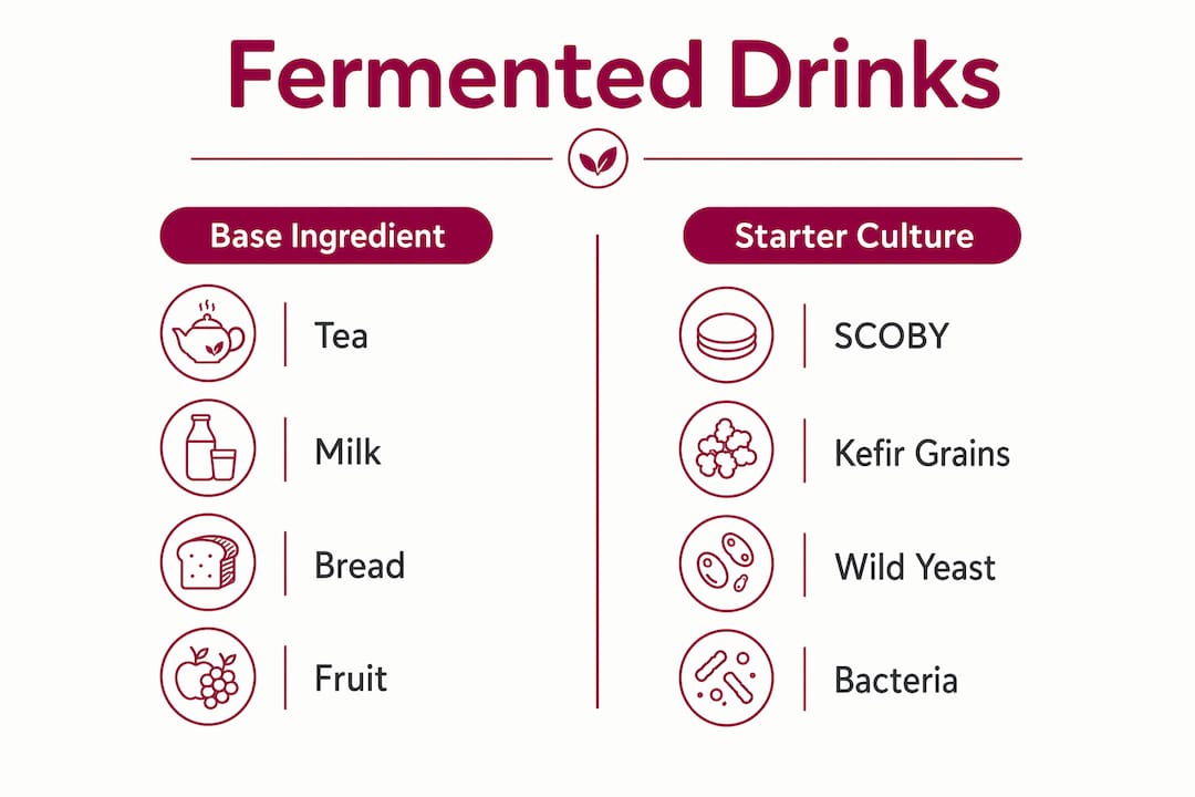 Infographic comparing fermented drinks by base and culture