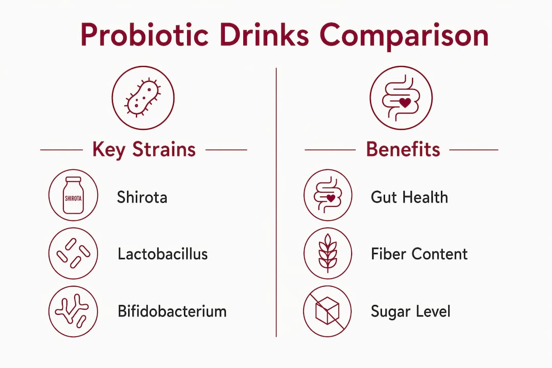 Infographic comparing probiotic drink strains and benefits
