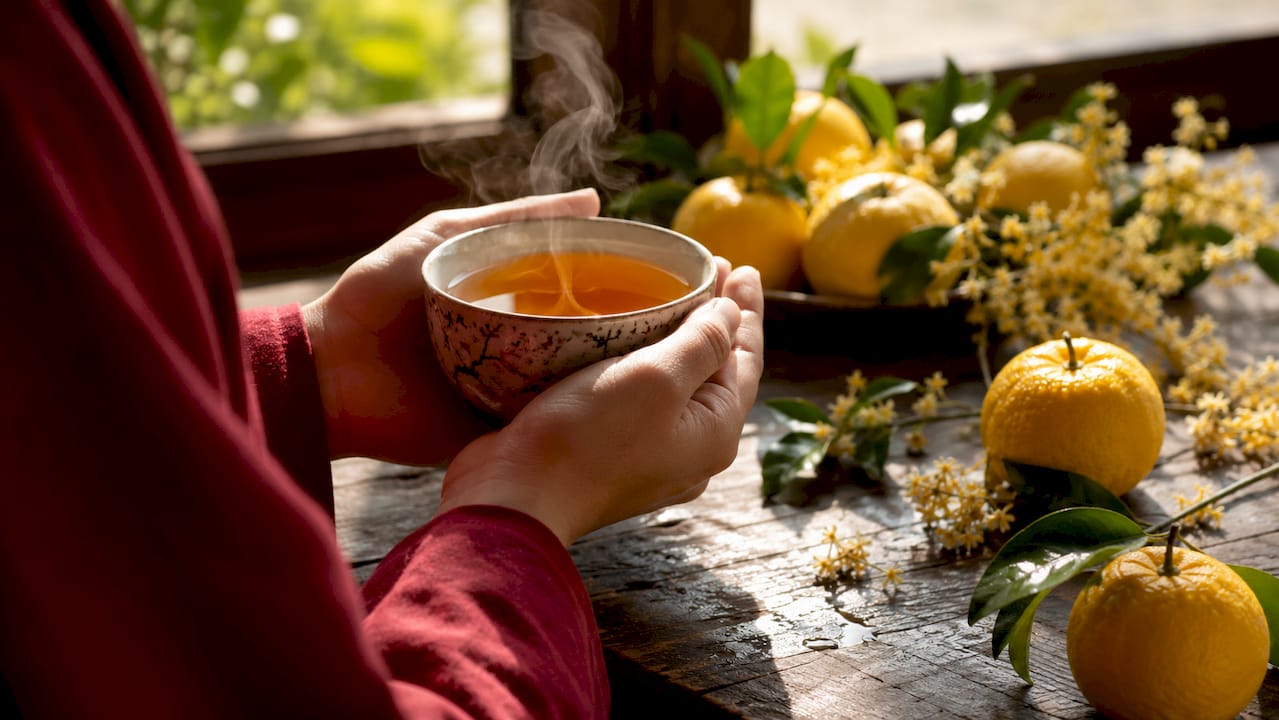 Hands holding porcelain cup with amber Oriental Beauty tea and fresh yuzu