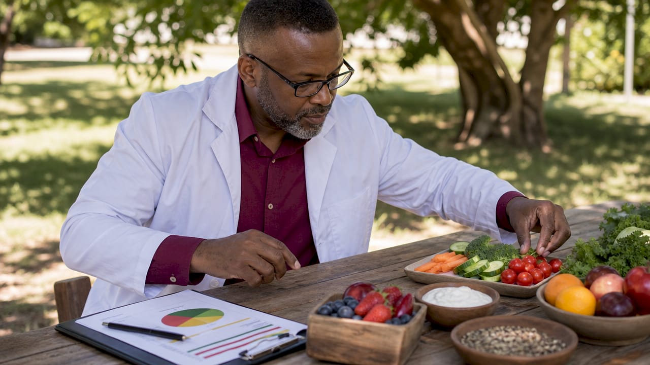 Nutritionist arranging whole foods samples on table