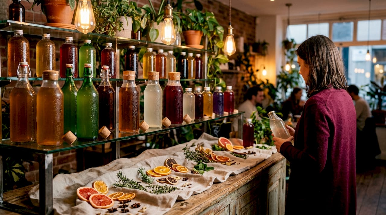 Rustic shelf with assorted fermented fizzy drink bottles