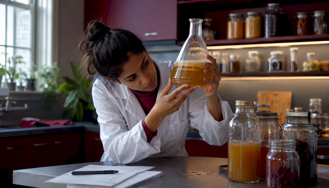 Scientist analyzing kombucha in a lab