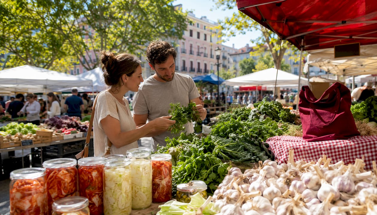 Market stall with diverse plant foods and fermented products