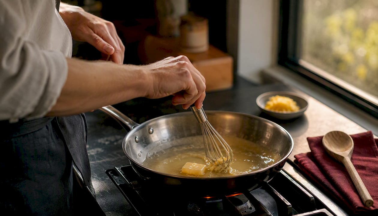 Whisking yuzu butter sauce on stove