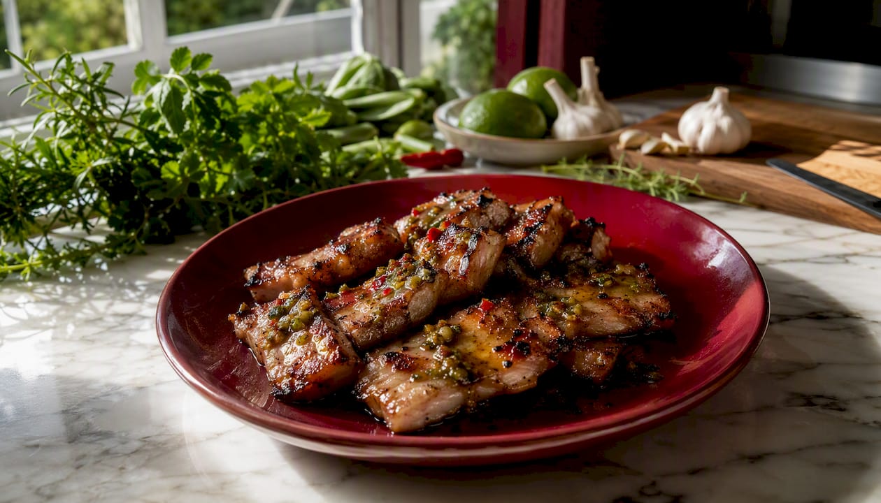 Glazed grilled pork belly with yuzu kosho