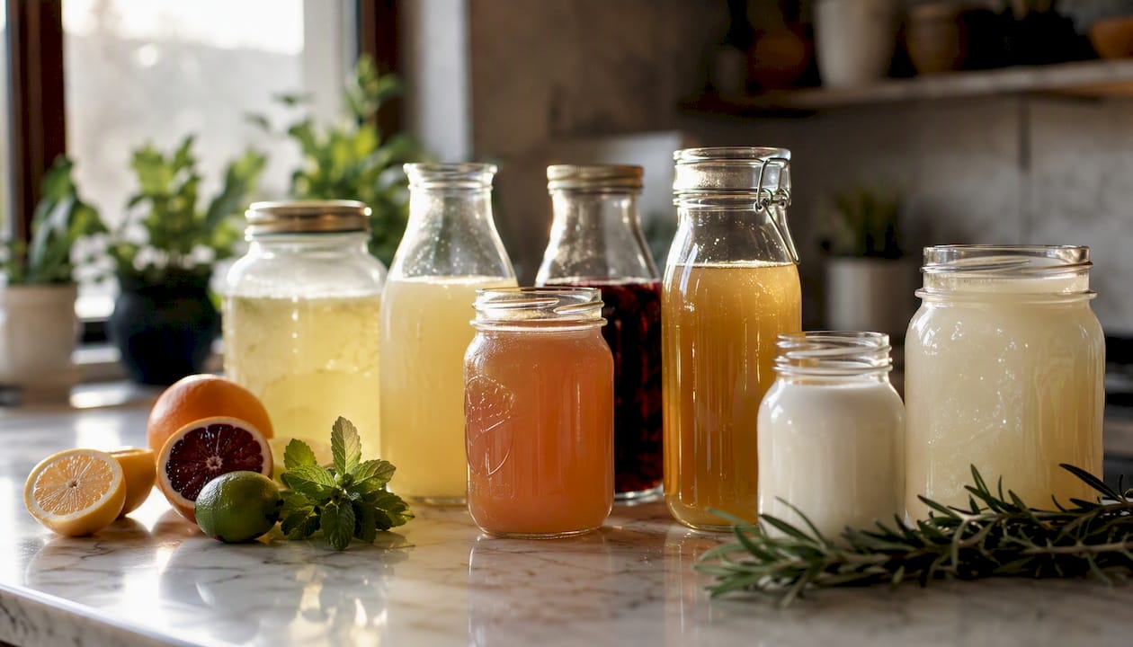 Glass bottles of assorted fermented drinks on wood table