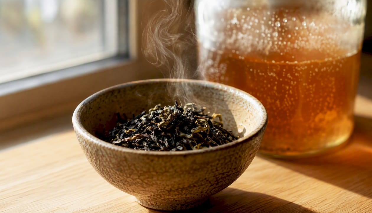 Black and oolong tea leaves with aroma steam