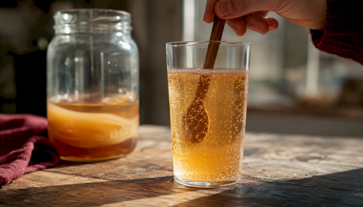 Glass of low-sugar kombucha with bubbles