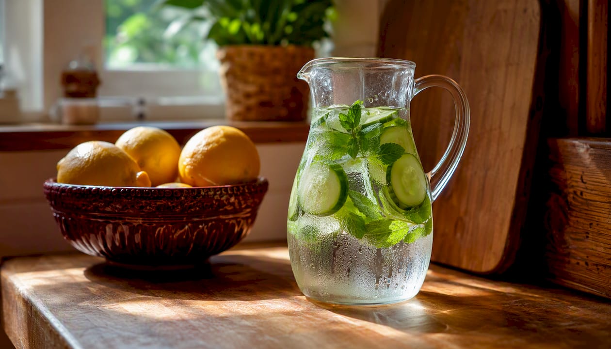 Pitcher of cucumber and mint infused water