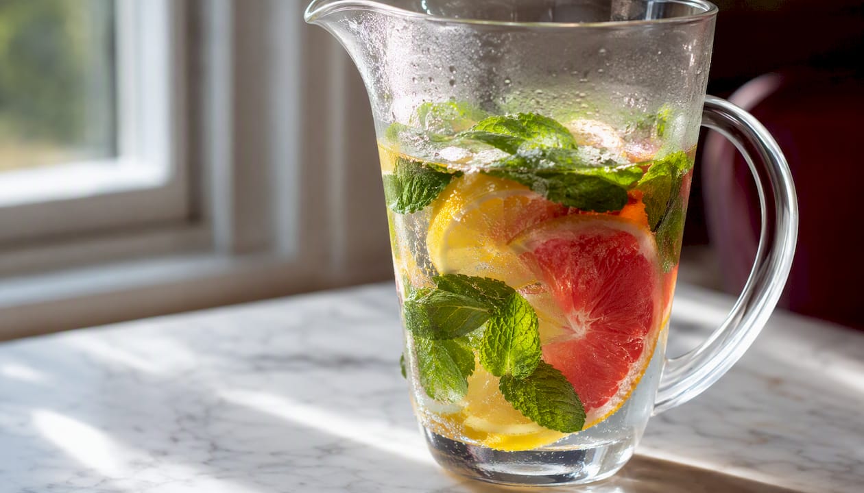 Infused water pitcher with citrus slices and herbs