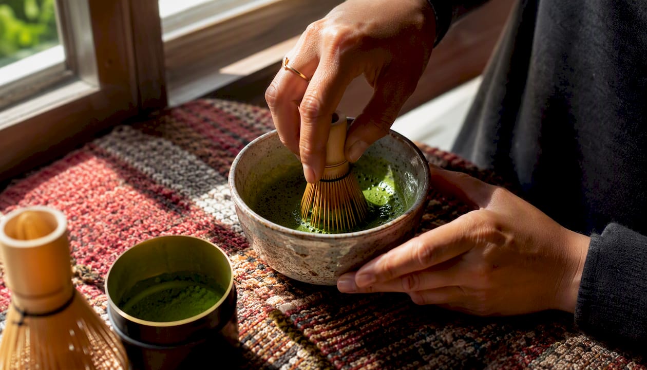 Hands whisking ceremonial matcha tea in ceramic bowl