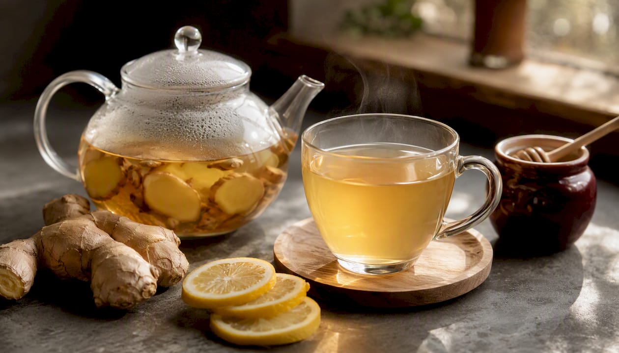 Fresh ginger tea steeping with lemon and honey nearby