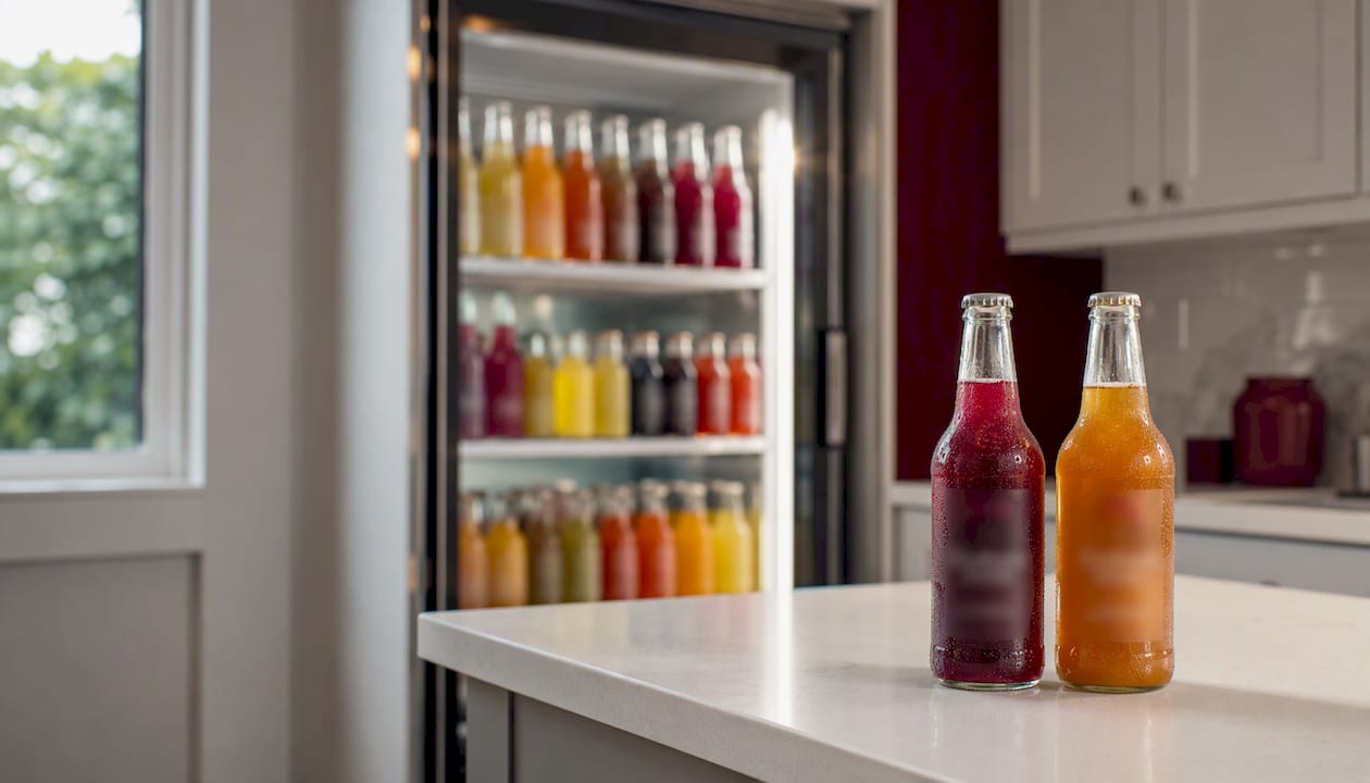 Refrigerated kombucha bottles with condensation