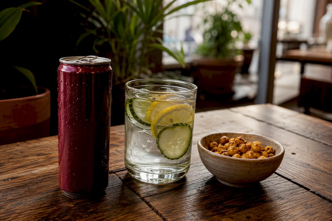 Energy drink can beside water and nuts snack