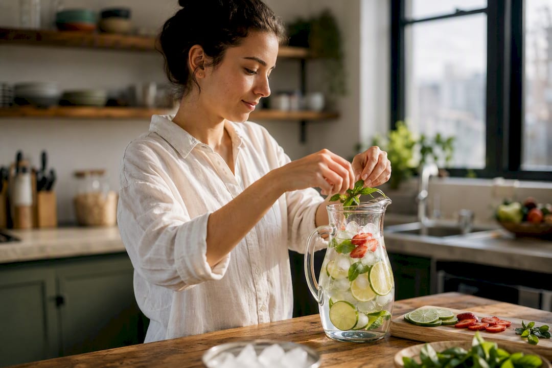 Hands preparing infused water pitcher with fruit