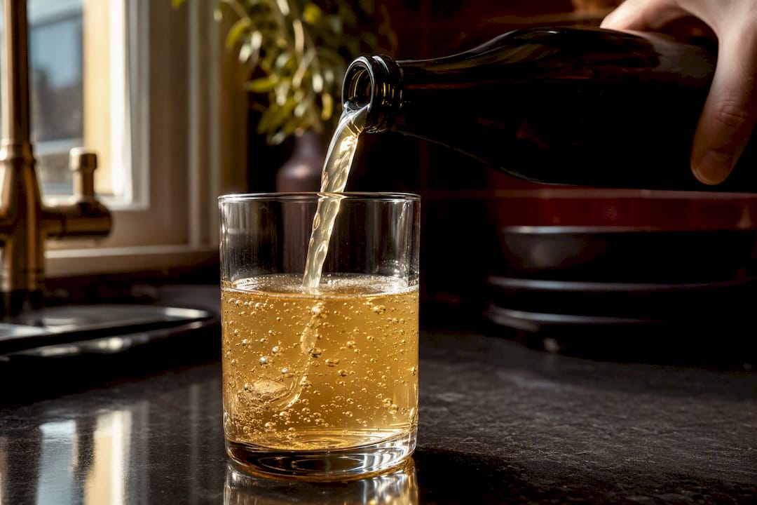 Pouring sparkling kombucha drink indoors