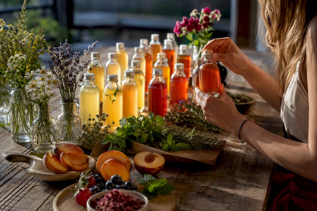 Assorted kombucha bottles with fresh botanicals