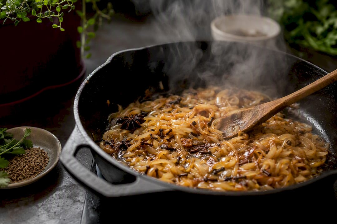 Caramelized onions with blooming spices in pan