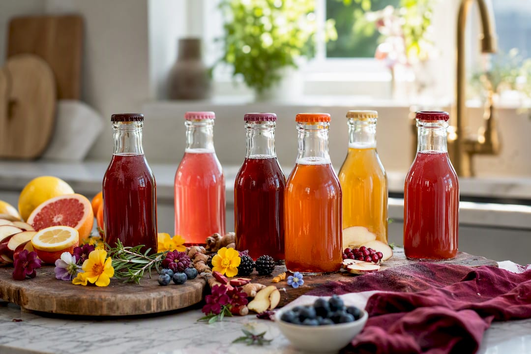 Artisan kombucha tasting bottles with garnishes