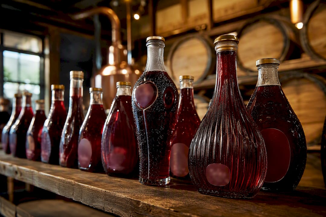 Commercial kombucha bottles on brewery shelf