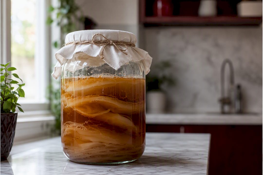 Home kombucha fermentation jar with scoby