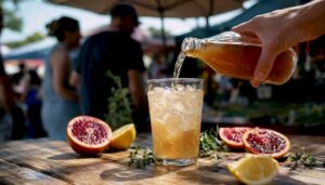 Hand pouring kombucha over ice, the base step for kombucha mocktail recipes at a party